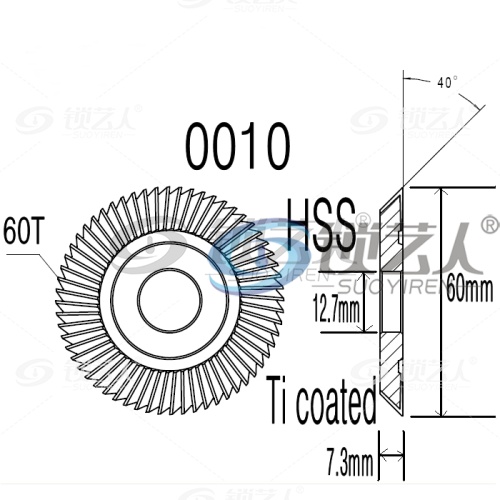 高速钢双面角度钛刀-0010 涂钛面铣刀 φ60x7.3xφ12.7x72Tx40° 适用文兴233 100-B,283217,100 JZ-300,283-D,232等